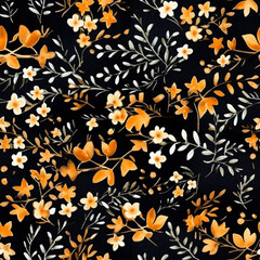 Obraz premium Seamless flowers pattern, black background, small brown and cream colored flowers white flowers and beige leaves on a dark background. 