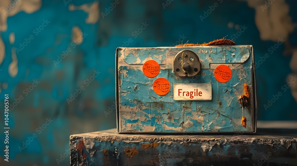 Poster Bright red  Fragile  warning stickers on a cardboard parcel box indicating the need for careful handling and transportation during the delivery and shipping process