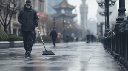 Obraz premium Cleaners Maintaining Public Space at Tourist Landmark