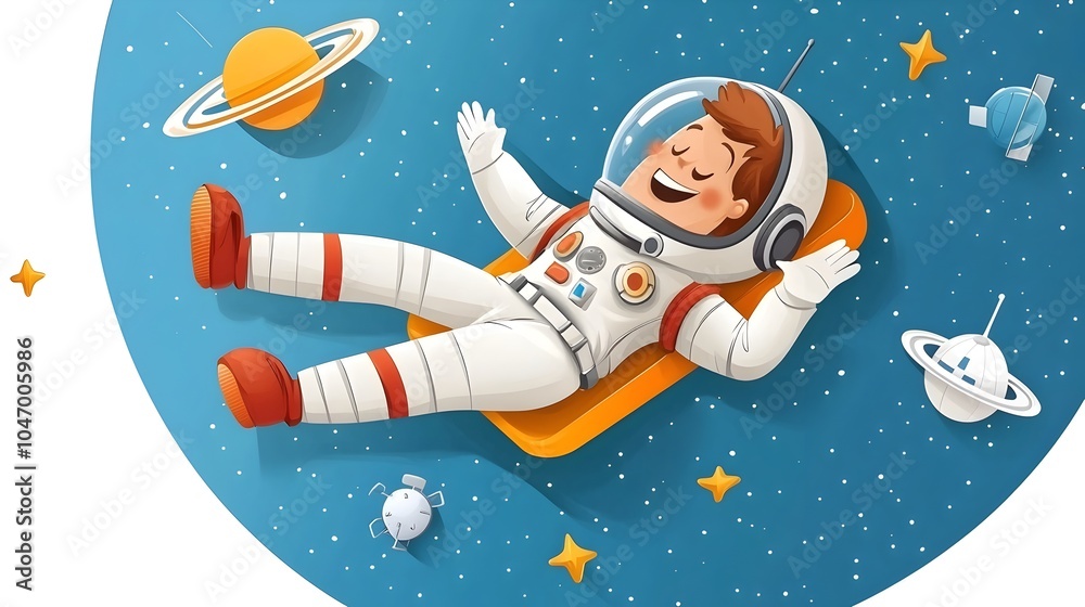 Poster cartoon aerospace engineer floating in zero gravity with cartoon satellites nearby conceptual of fut