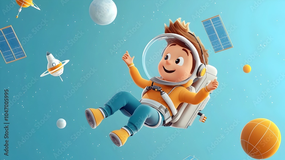 Poster cartoon aerospace engineer floating in zero gravity surrounded by cartoon satellites exploring futur