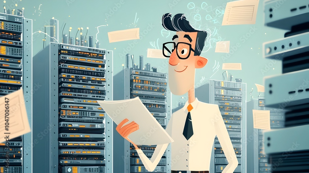 Fototapete Cartoon Data Engineer Manages Stacks of Servers and Flying Digital Data Sheets for Efficient Workflow and Data Analysis
