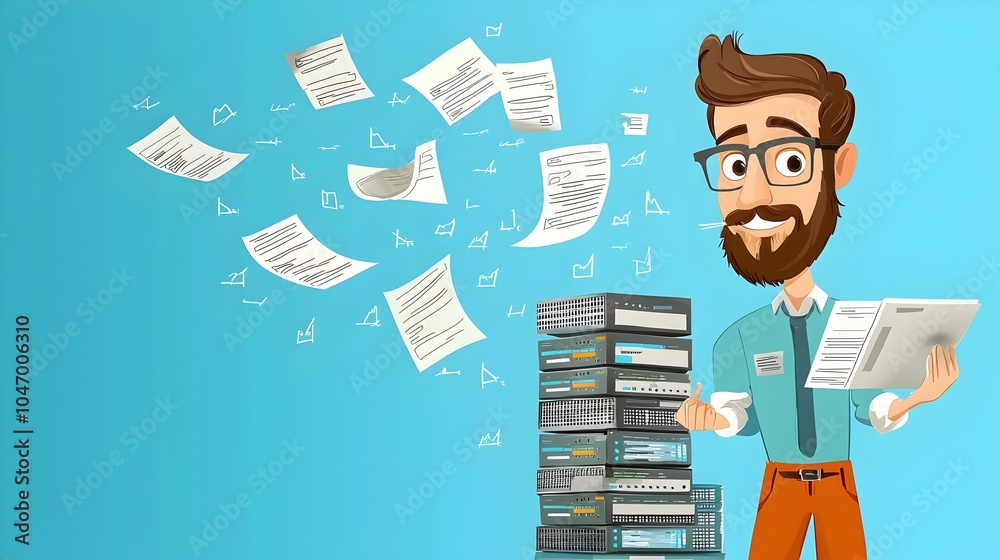 Aufkleber Cartoon data engineer working with stacks of servers and flying data sheets organizing and analyzing technology systems and digital processes for improved efficiency and productivity
