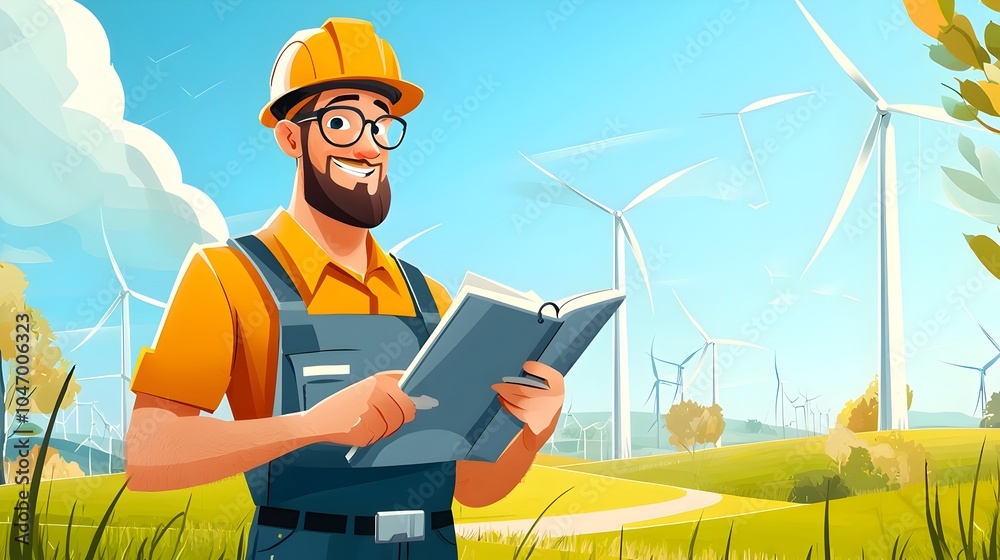 Poster cartoon environmental engineer inspecting sustainable energy field with wind turbines in the backgro