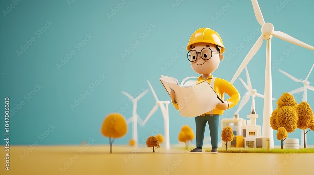 Aufkleber Cartoon image of an environmental engineer surrounded by tiny trees and wind turbines promoting the concept of renewable energy sustainability and ecological conservation