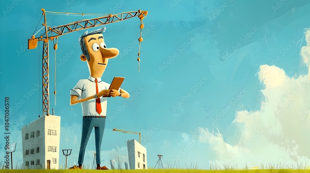 Poster Cartoon of a structural engineer designing and constructing a modern skyscraper using clay beams and cranes as part of an innovative construction project