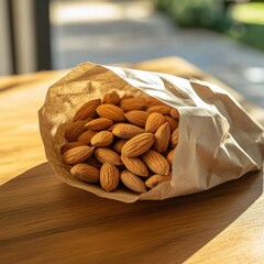 A bag of fresh, golden-brown natural, ungained almond nuts is placed on the table with sunlight shining through from outside onto it.
