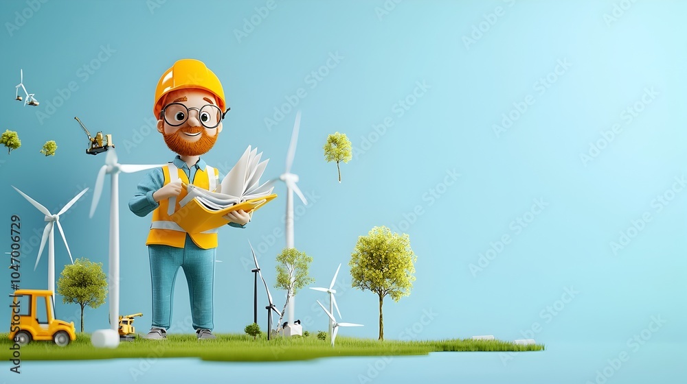 Aufkleber cartoon of an environmental engineer surrounded by tiny trees wind turbines and other renewable ener