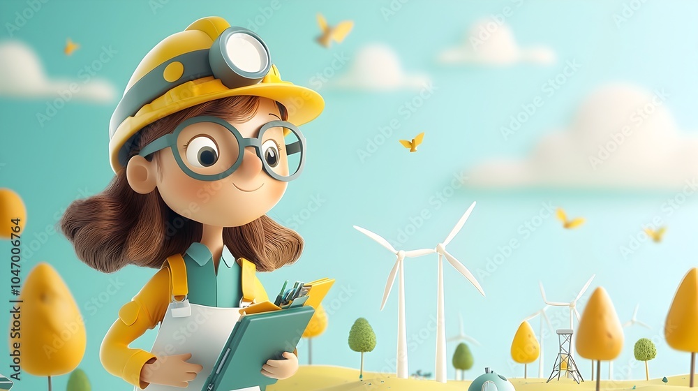 Aufkleber cartoon of an environmental engineer surrounded by tiny trees and wind turbines representing sustain
