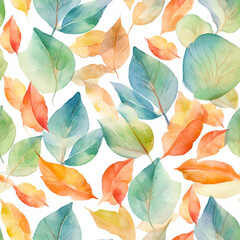 Seamless watercolor leaves  watercolor leaves pattern, colorful, white background  

