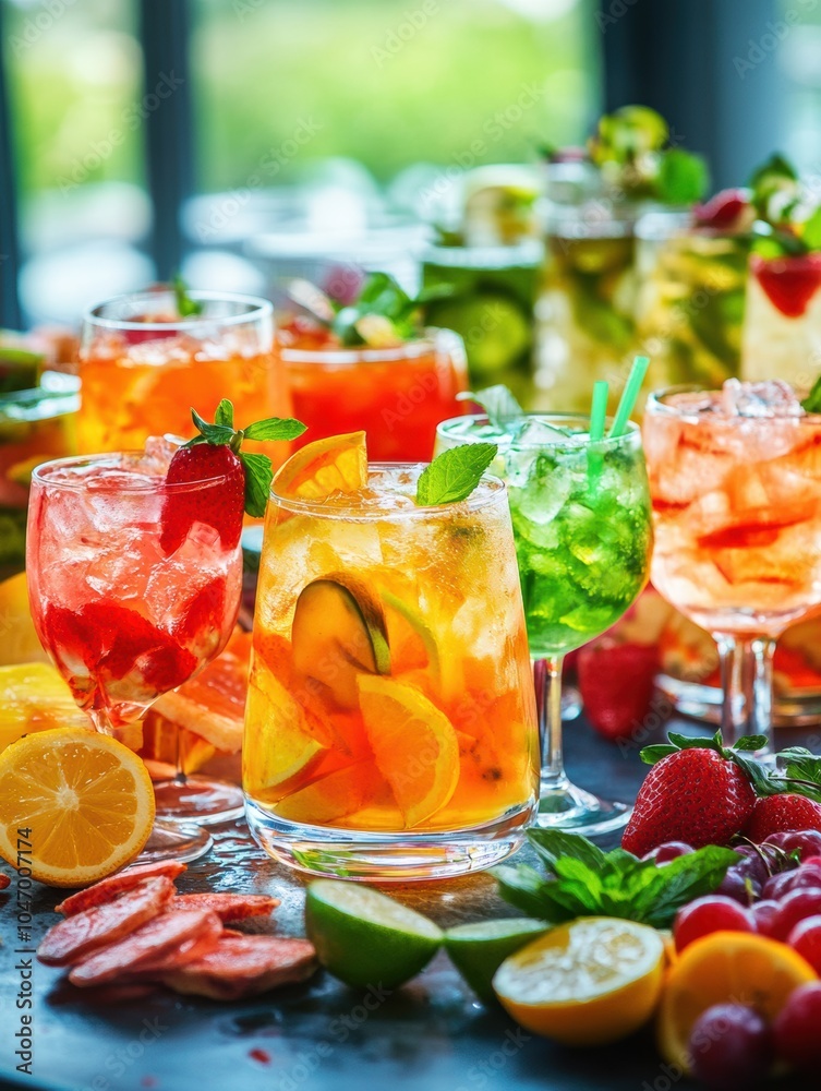 Poster brightly colored cocktails are beautifully arranged on a table adorned with snacks and fruit slices,