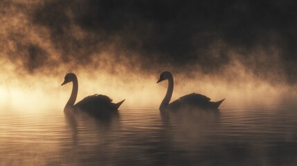 Naklejka premium Two swans silhouetted in dense fog on a still lake at sunrise.