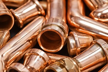 Naklejka premium Copper Pipes Construction for Plumbing Work with Metal Fittings on Water Background