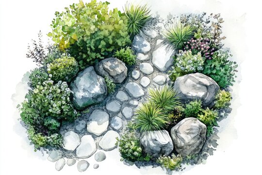 watercolor garden path with rocks and greenery clip art preview
