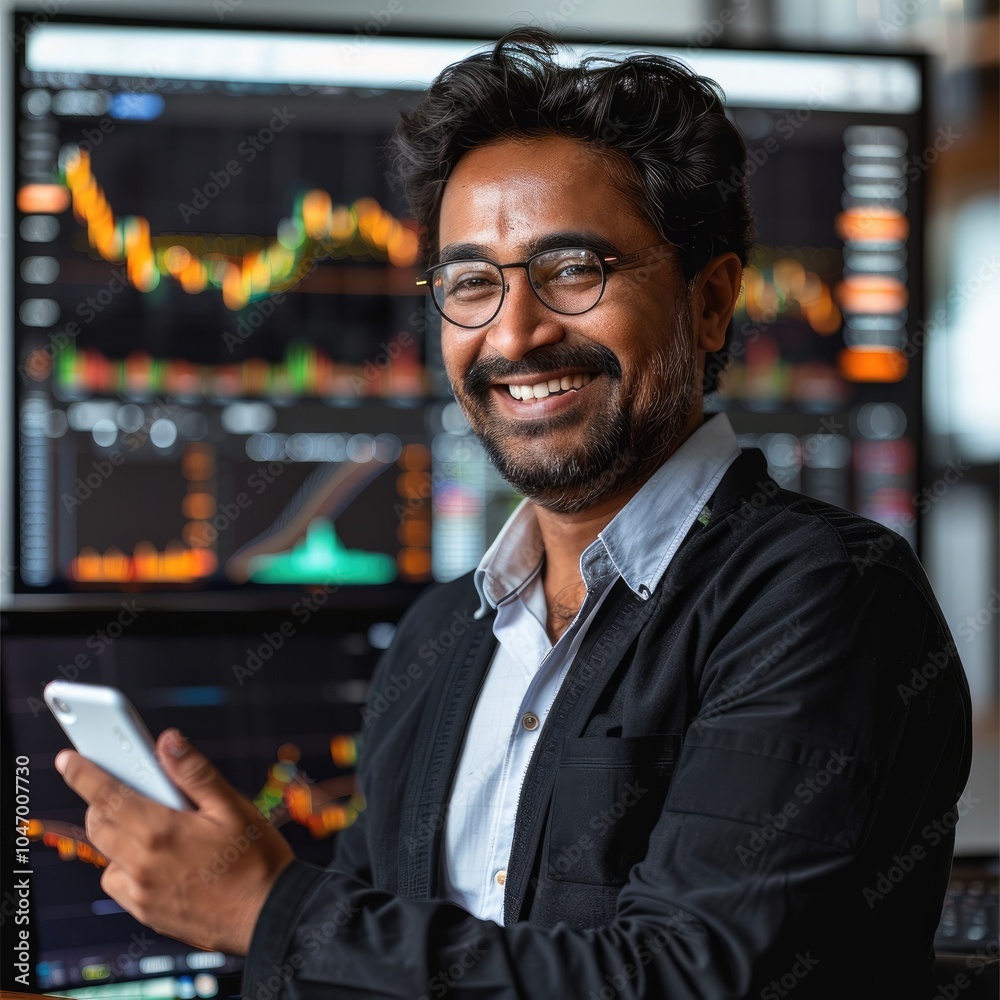 Fototapete A happy Indian stock trader smiling, holding a phone in one hand ,with a computer screen in the background showing a profitable stock chart.