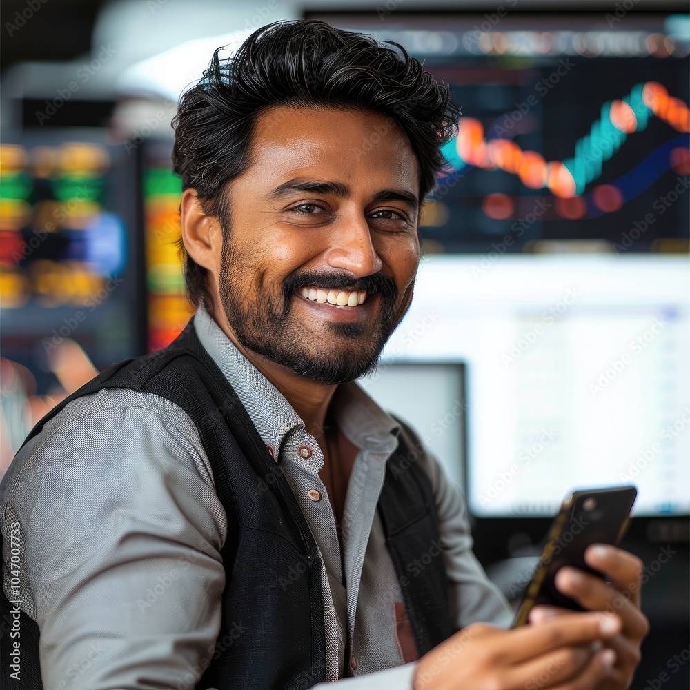 Poster A happy Indian stock trader smiling, holding a phone in one hand ,with a computer screen in the background showing a profitable stock chart.