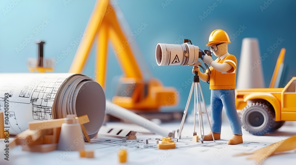 Poster civil engineer supervising a detailed 3d clay model of a miniature construction site for a building 