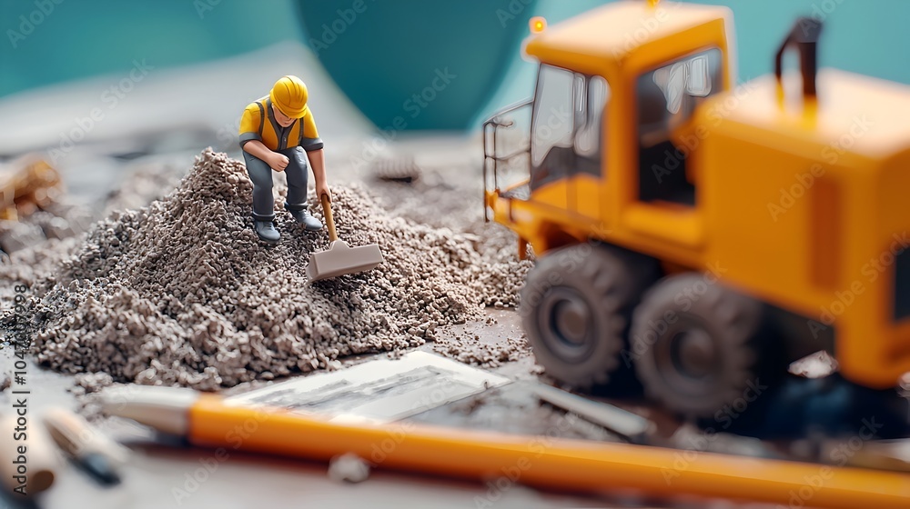 Poster civil engineer supervising detailed miniature construction site model made of 3d clay overseeing inf