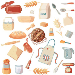 Sourdough bread homemade set of items. Hand drawn vector elements for preparation of dough and loaf baking. Colorful isolated objects on white background.
