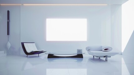 A futuristic minimalist living space with a white canvas backdrop, Sparse yet futuristic furniture arrangement, Futuristic minimalism style