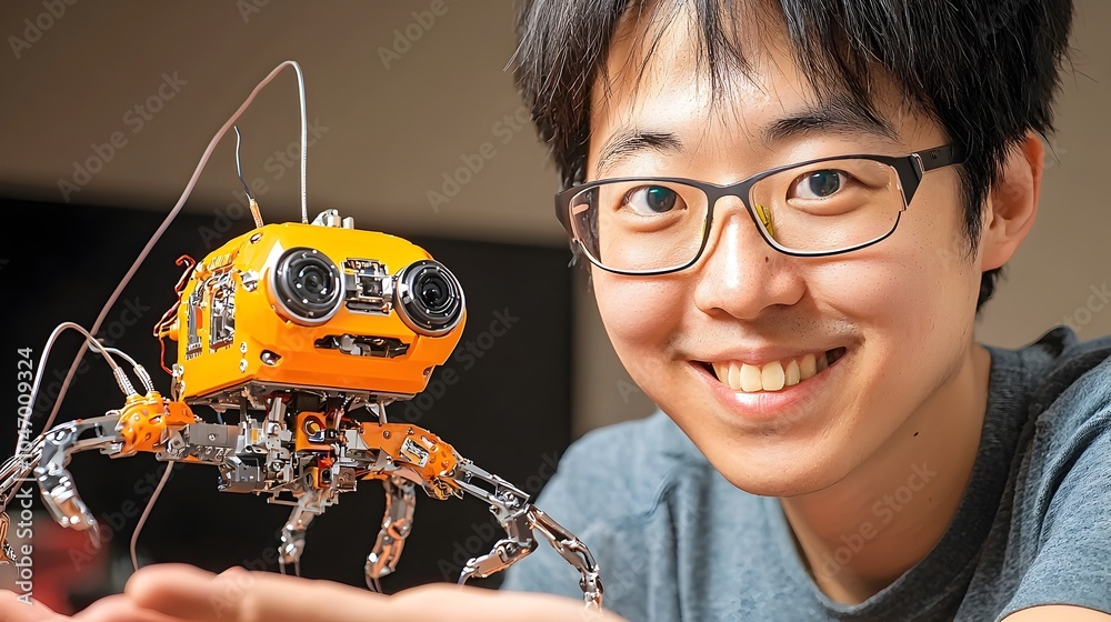 Poster Clay Robotics Engineer Holding a Tiny Mechanical Robot with Moving Parts and Components Showcasing Advanced Technology and Innovation in the Field of Robotics and Automation