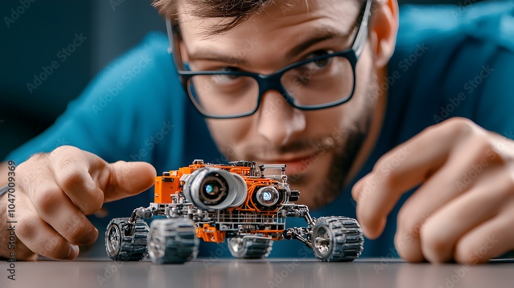 Leinwandbilder Clay Robotics Engineer Holding a Tiny Mechanical Robot with Moving Parts in a Workshop Setting Showcasing Creativity and Innovation in the Field of Automation and Technology