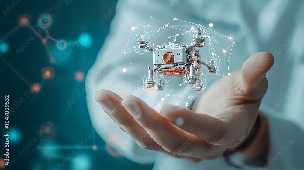Poster Clay Robotics Engineer Holding Tiny Futuristic Robot with Moving Parts   Concept of Innovative Technology Automation and Engineering Advancements