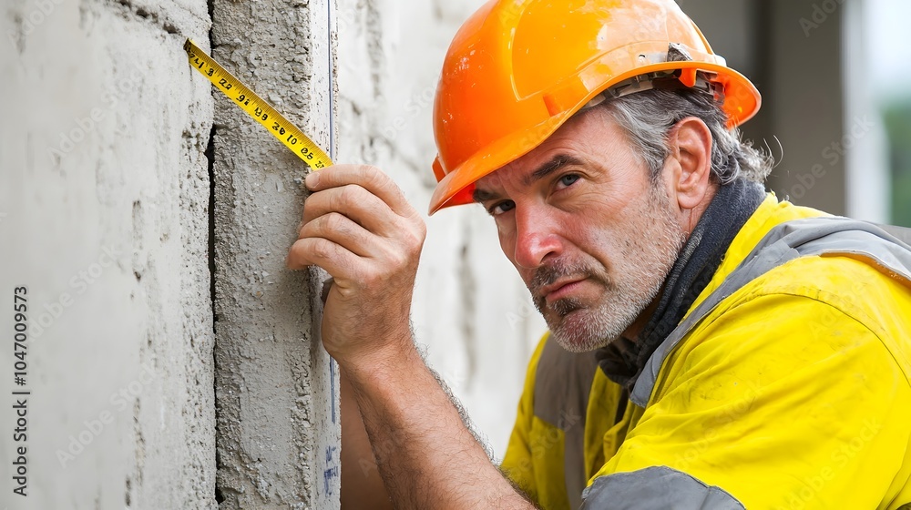 Poster Clay Structural Engineer Assessing Building Columns Dimensions Using Tape Measure for Construction Project Analysis and Design