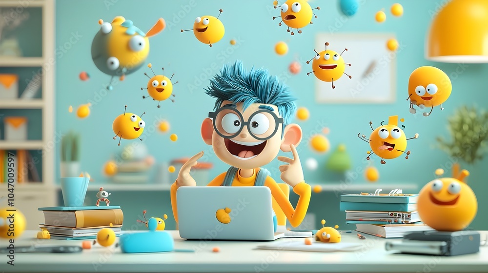 Poster Clay Software Engineer Debugging Laptop with Floating Emoji Bugs in Corporate Workplace Setting Highlighting Technology Problem Solving and Teamwork Concepts
