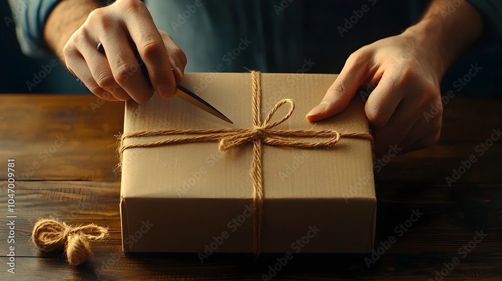 Aufkleber close up shot of hands carefully unboxing a cardboard package using scissors revealing the item insi