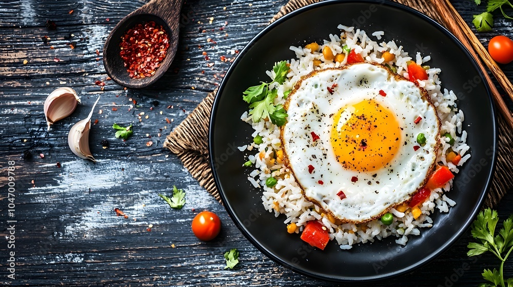 Aufkleber close up of a sunny side up egg with a crisp golden brown edge nestled on top of a steaming aromatic