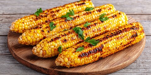 Grilled corn on wooden board, garnished with herbs, rustic presentation.