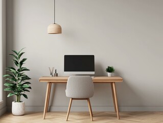 Fototapeta premium Modern workspace with minimalistic design, computer, and indoor plants.