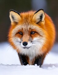 Obraz premium Red Fox in the Snow: A striking portrait of a majestic red fox with piercing blue eyes, captured in a moment of quiet contemplation as it navigates a snowy forest landscape.