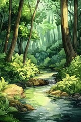 Obraz premium Idyllic Forest Landscape with Majestic Fir Trees and Rocky Terrain. Hand-painted Watercolor Illustration of Tranquil Nature