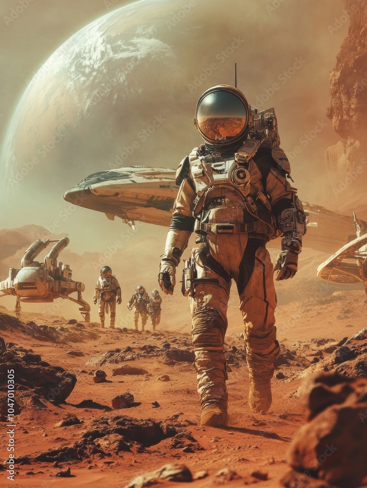 Aufkleber A group of astronauts traverses the rocky surface of Mars, with two spacecraft visible in the background under a distant planet. Generative AI
