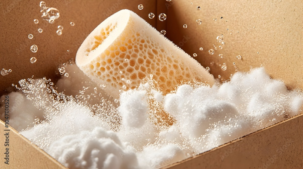 Poster Close up view of a fragile delicate item securely enclosed inside a parcel box with foam padding to ensure safe transportation and delivery