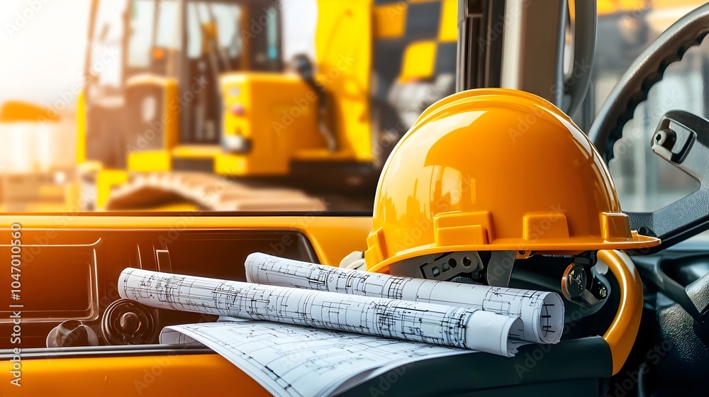 Poster Close up view of a hard hat blueprint tube and other engineering equipment and tools neatly arranged on the dashboard of a parked vehicle