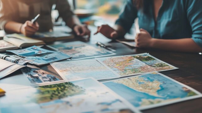 Client Consultation: A travel agent discussing vacation options with client at a desk