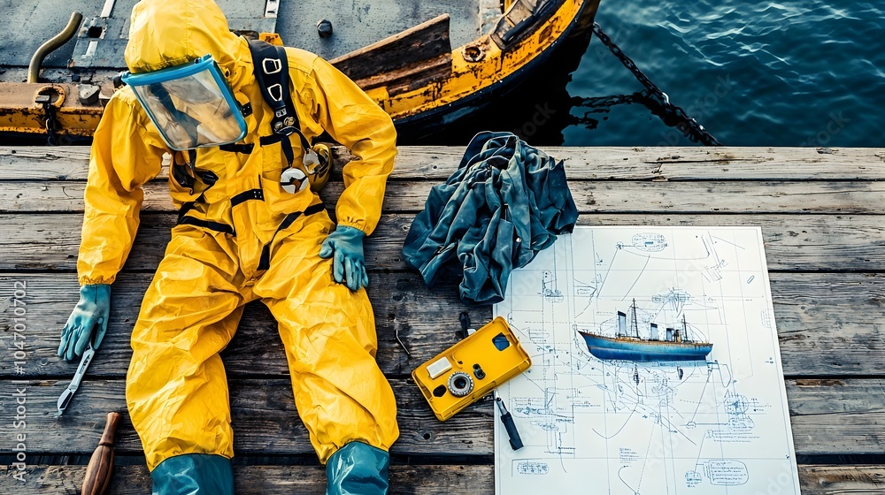 Aufkleber Close up view of a marine engineer s tools and protective suit resting on a dock with a ship diagram or blueprint visible in the background