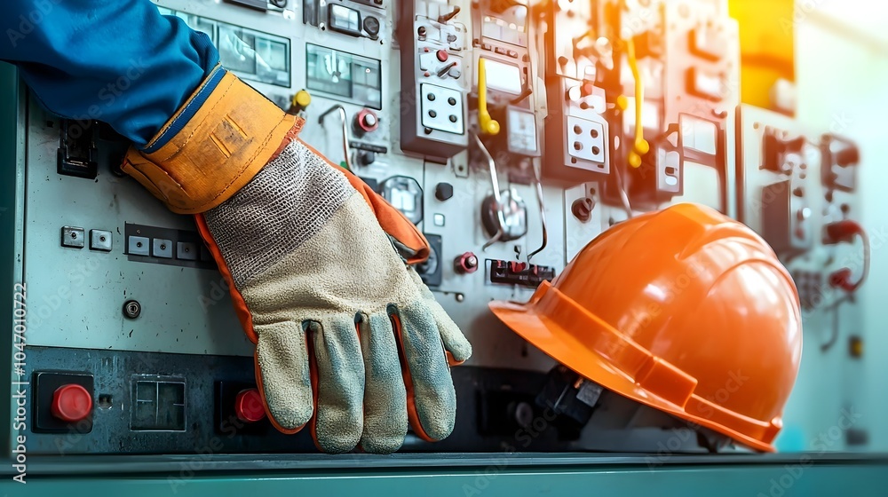 Aufkleber close up view of a pair of work gloves and a hard hat resting on an industrial control panel in a ma