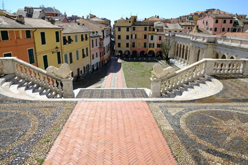 Ligurian city. Piazza Guglielmo Marconi.The historic center of the town of Lavagna in Liguria with the Brignardello portico. Lavagna, Liguria, Italy © M. Paolo Grassi