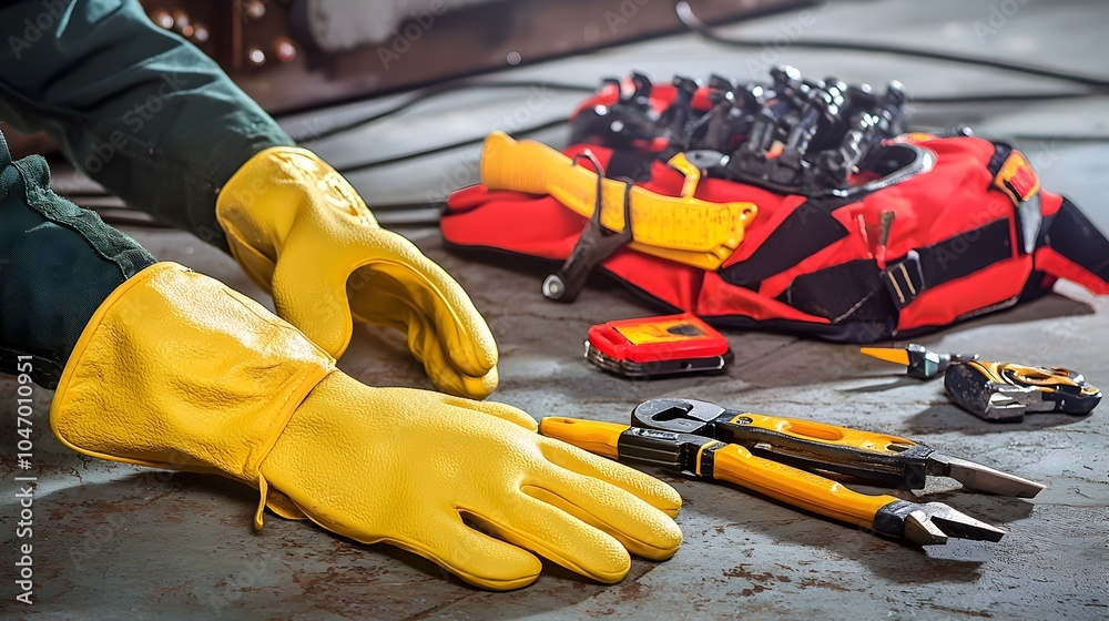 Poster close up view of an electrical engineer s protective rubber gloves and insulated tools laid out on t