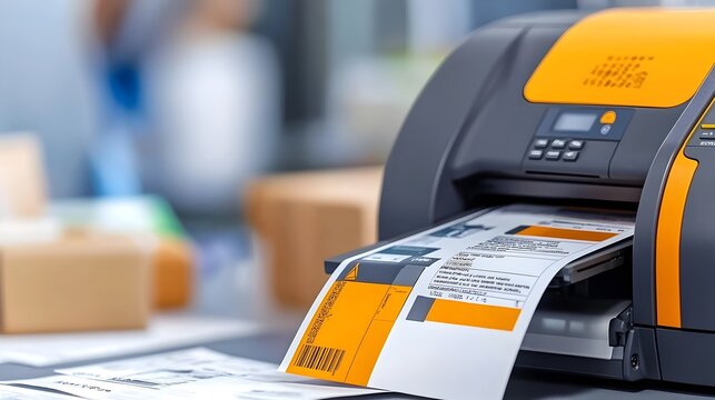 Close up view of a thermal printer efficiently producing shipping labels for parcel boxes highlighting the automation and efficiency of the logistics process in modern ecommerce and supply chain