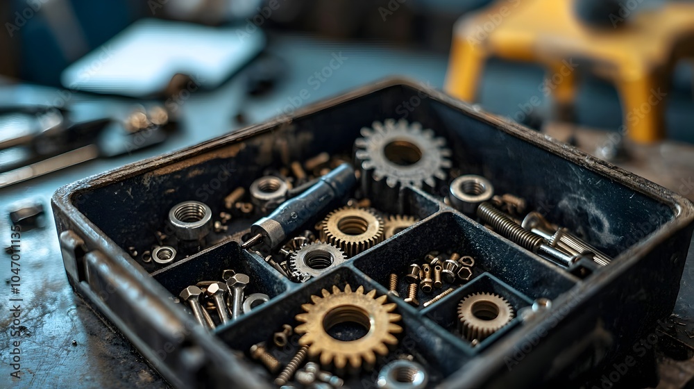 Poster closeup of a labeled mechanic s toolbox with compartments containing an assortment of small metal ge