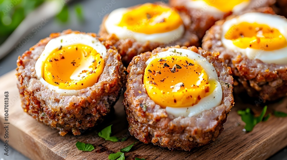 Poster Closeup of sliced Scotch eggs showcasing the soft boiled yolks nestled inside a crispy golden sausage coating