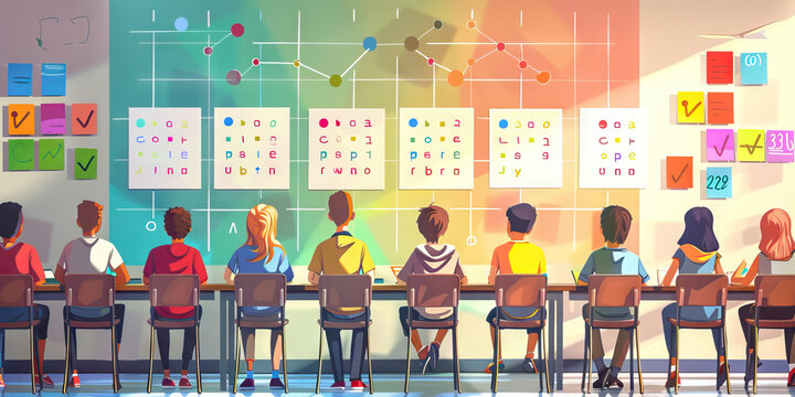 A scatter plot comparing student test scores to their preferred learning styles, using different symbols and colors to identify each combination.