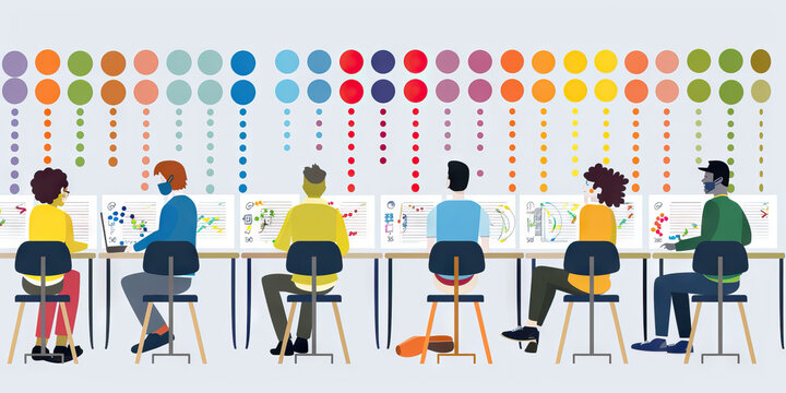 A scatter plot comparing student test scores to their preferred learning styles, using different symbols and colors to identify each combination.