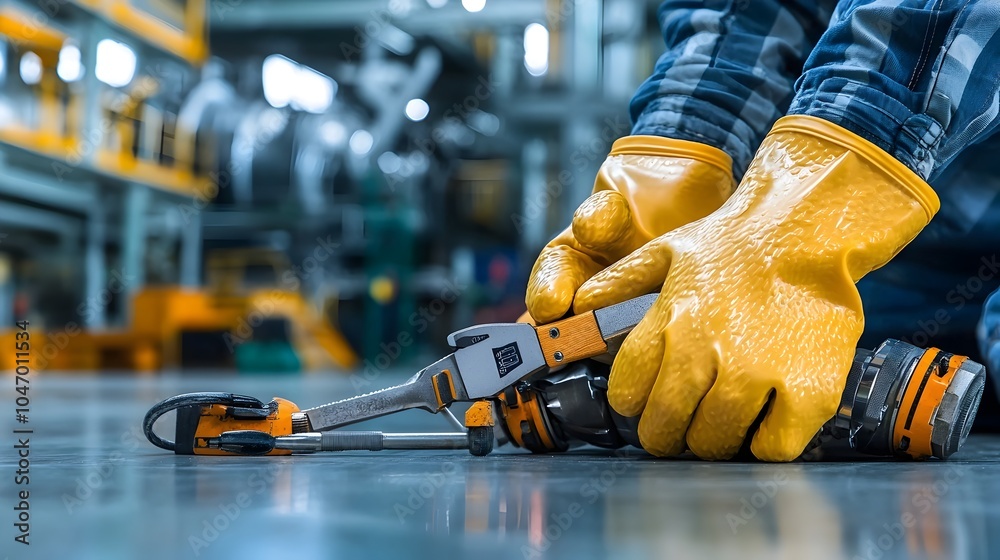 Poster closeup view of an electrical engineer s protective rubber gloves and insulated tools lying on the f
