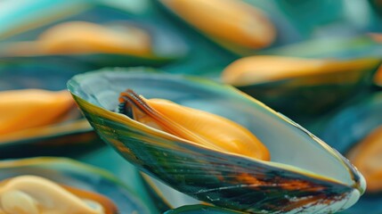 Close-up RAW Style of Fresh New Zealand green-lipped mussels, seafood delicacy